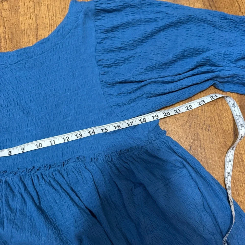 Free People FP Beach Peplum Top Womens L Blue Puff Sleeve Gauze Boho Chic Blouse